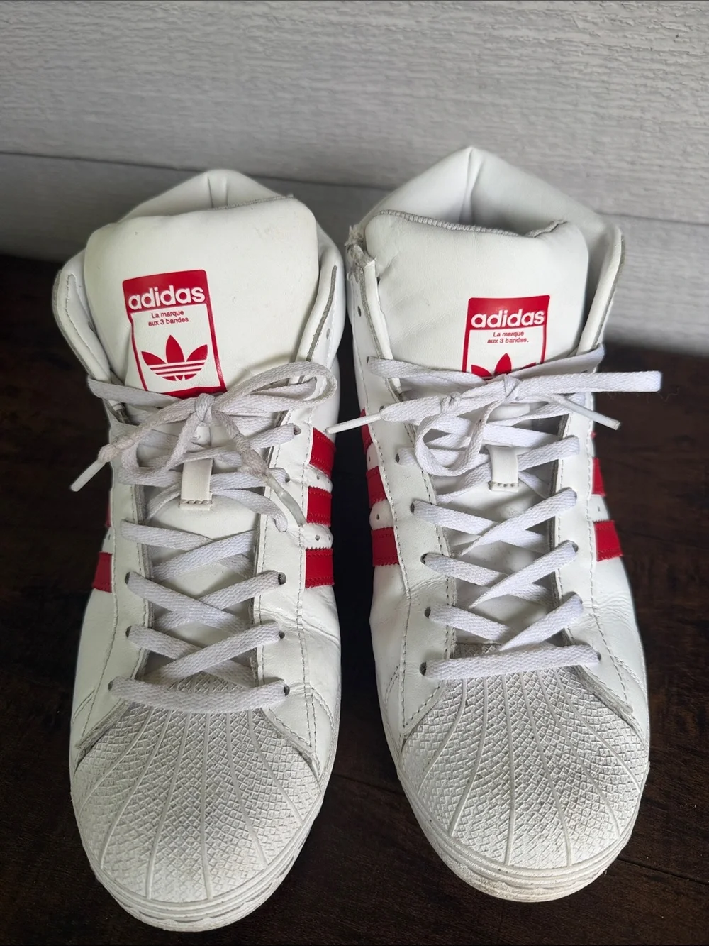adidas White and Red Mid-Top Sneakers with Shell Toe